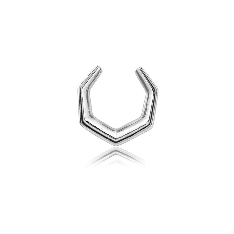 A close-up image of the OCTAGON Minimalist Saddle Tunnel in Silver by Kaya Movement, showcasing its sleek, V-shaped design. The tunnel features clean lines and a polished finish with a slightly open construction, allowing for easy wear on the ear. Reminiscent of surgical steel gauges, it is set against a plain white background, casting a soft reflection.