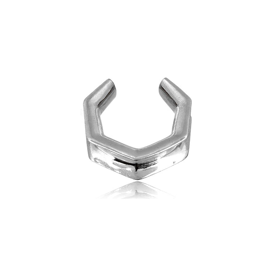 A close-up image of "OCTAGON Minimalist Saddle Tunnels in Silver" by Kaya Movement, showcasing a silver, U-shaped metal ring crafted from surgical steel. The ring features clean, angular lines and a polished finish that exudes a sleek and modern aesthetic. Standing upright on a reflective surface, the design and shine of the ring are highlighted beautifully. Available in sizes ranging from 6mm to 25mm (2g to 1 inch).