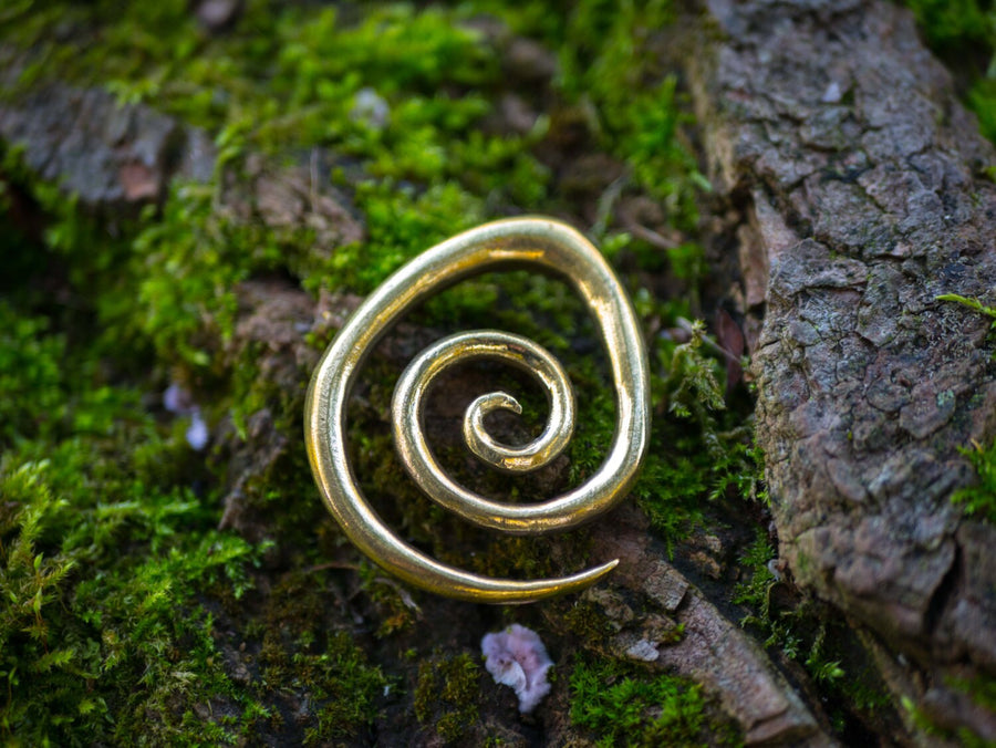 A Brass Spiral heavy ear weight from Kaya Movement, with an antique finish, rests on a moss-covered tree bark. The smooth and shiny 8mm spiral is crafted from nickel-free brass, contrasting beautifully with the rough texture of the bark and the vibrant green moss surrounding it. This Spirale d'oreille en laiton stands out as an exquisite piece for those who appreciate unique jewelry like Ecarteurs Lourds and Poids 42grams.