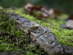 A small, detailed CROW SKULL Gothic Silver Ring with a gold charm lies on a moss-covered tree log in a forest setting. The handcrafted Kaya Movement jewelry piece stands out beautifully against the natural backdrop, with the background blurred to highlight the earthy textures and colors of moss and wood.