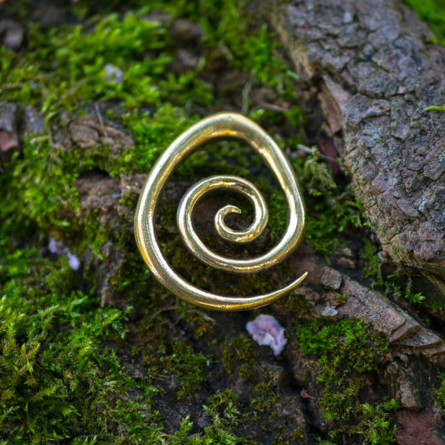 The Brass Spiral heavy ear weight by Kaya Movement, an elegantly crafted piece of tribal-style jewelry, rests on a bed of green moss and tree bark. The textured moss and bark provide a natural, earthy background for this nickel-free brass pendant. It features an antique finish with a sleek, polished surface and weighs 42 grams, making it an exquisite statement piece for stretched lobes.