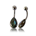 Image of two Teardrop Belly Piercing Rings by Kaya Movement, featuring a shiny metallic ball at the top and a teardrop-shaped abalone shell design at the bottom, crafted from high-quality 316L Surgical Steel. Displaying iridescent green, blue, and purple hues, both 14 gauge piercings rest against a white background, reflecting light beautifully.