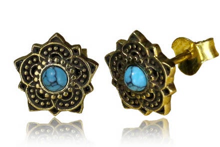OLLY Mandala Stud Earrings in Gold with Turquoise or Onyx | 18 gauge