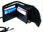 The AMONI Black Stud Bi-Fold Flip Leather Wallet from Kaya Movement is open, showcasing several cards in its slots, including a Visa card and other credit or identification cards. A few coins can be seen in a zippered compartment on the right side. This unisex designer wallet, featuring Labradorite, is set against a white background.