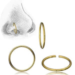 A stunning collection of INDUS Seamless Hoop Rings in Gold by Kaya Movement is displayed beautifully. One image shows the 20 gauge hoop ring on a sketch of a nose, while other images provide close-ups from various angles, featuring both intact rings and those with seamless closure.