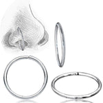 Illustration of a nose piercing featuring the INDUS Seamless Minimalist Hoop Ring in Silver by Kaya Movement, alongside three different views of the same 20 gauge 925 silver body jewelry. The image displays the minimalistic design from the front, side, and an angled perspective, highlighting its seamless, circular charm.