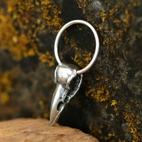 CROW SKULL Silver Hoop Ring with Silver Pendant | 18, 16 or 14 gauge