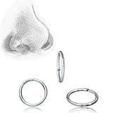A sketch of a nose with a nose ring in the nostril is shown in the upper left corner. Three INDUS Seamless Minimalist Hoop Rings in Silver by Kaya Movement, crafted from 925 silver body jewelry and designed at 20 gauge, are displayed against a plain white background. These rings feature a minimalistic design, come in various sizes, and are perfect for multi-use piercing.
