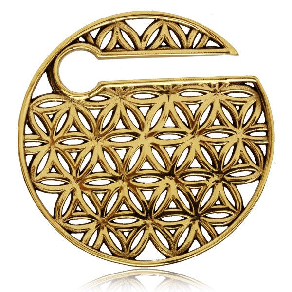 A golden circular pendant, reminiscent of Kaya Movement's FLOWER OF LIFE Disc Ear Weights in Gold, showcases an intricate openwork design that blends interlocking flowers and geometric shapes. This elegant piece also features a small circular cut-out near the top left.