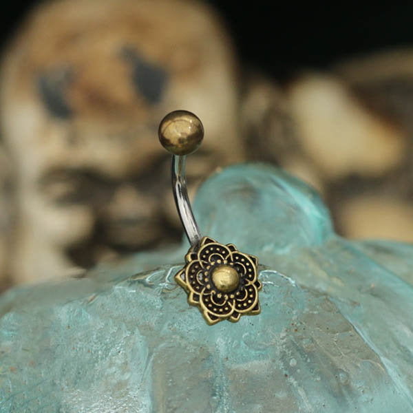 Lotus Mandala Belly Piercing Ring in Gold | 14 gauge