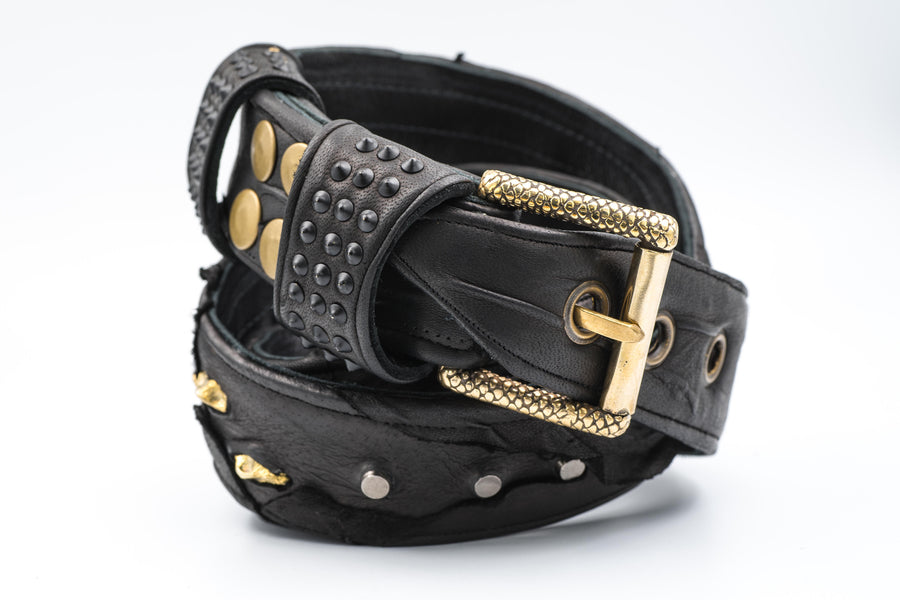 KRAV Wasteland Men's Black Studded Leather Belt | Gold Spine Studs