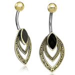 Displayed are two exquisite IBASA Marquise Belly Piercing Rings in Gold & Black Mother of Pearl by Kaya Movement. Each stunning piece features a curved 14 gauge barbell with a gold ball on one end, and a black stone set within an ornate, leaf-shaped design adorned with detailed geometric patterns.