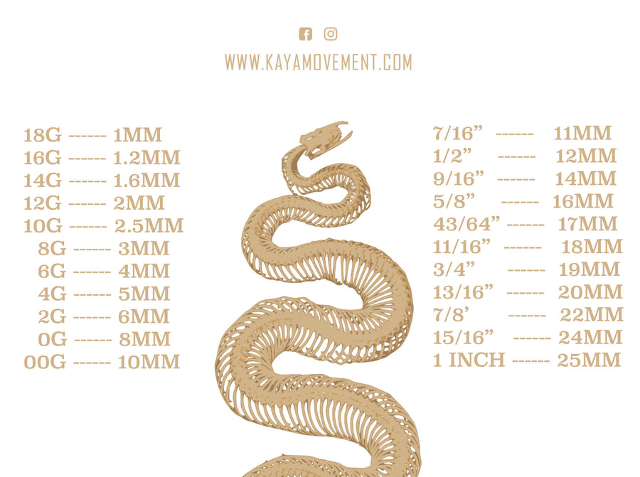 The image shows a diagram detailing ear stretching sizes, labeled with both gauge (G) and millimeters (MM) on the left. On the right, the ear plug sizes are marked in fractions of an inch alongside their corresponding millimeter (MM) measurements. A coiled snake skeleton is illustrated in the center, accompanied by images of organic grooves ear weights. The website "www.kayamovement.com" is displayed at.

