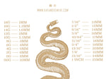 The image prominently displays a golden skeletal snake at the center, encircled by gauge sizes specifically designed for stretched lobes body jewelry. The gauge measurements range from 18G to 1 INCH, alongside their equivalent millimeter sizes from 1.2MM to 25MM. Also showcased are the Silver White Brass Ear Weights by Kaya Movement, available in both keyhole and hanger styles. You can find more information at www.kayamovement.com positioned at the top.
