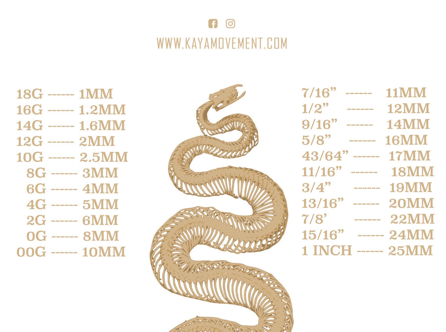 A golden snake illustration with detailed skeleton features is centered in the image, surrounded by text displaying various gauges and their millimeter equivalents. The website www.kayamovement.com is featured at the top, highlighting Kaya Movement's stunning handcrafted Teardrop Tunnel Plugs in rose gold, 14 gauge earrings, flesh tunnels, 0 gauge ear plugs, and surgical steel stretched ear tunnels.
