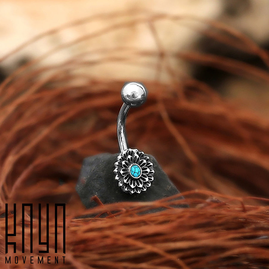 MADA Lotus Flower Belly Piercing Ring in Silver & Turquoise | 14 gauge