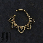 The MAWAR Lotus Flower Clicker Septum Ring in Gold, meticulously crafted from 316L Surgical Steel, is displayed against a dark background. The ring boasts an exquisite design with five petal-like extensions, each embellished with delicate bead accents. In the bottom left corner, the Kaya Movement logo is prominently featured.