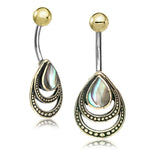 The IBOSA Teardrop Belly Piercing Ring in Gold & Abalone Shell by Kaya Movement features a pair of belly button rings with gold-colored tops and curved 316L surgical steel stems. The dangling part showcases a teardrop-shaped design with intricate detailing, centered with a shiny, iridescent abalone shell insert. The rings are 14 gauge.