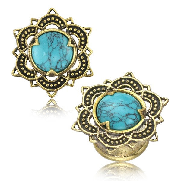 Lotus Flower Saddle Plugs in Gold & Turquoise | 4mm to 25mm gauge
