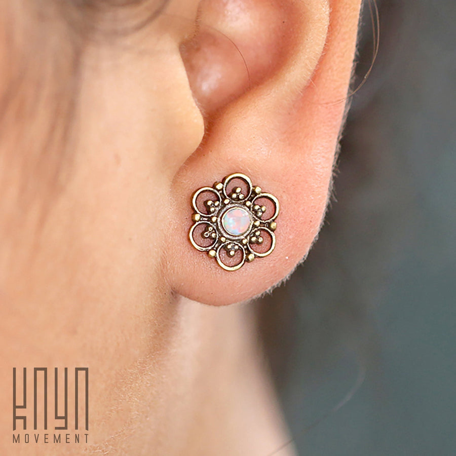 Opal Studs Earrings - Boho Piercing - Flower Earrings - Sun Stud Earrings - Sustainable Jewelry - Mandala - Gold earrings - Lotus