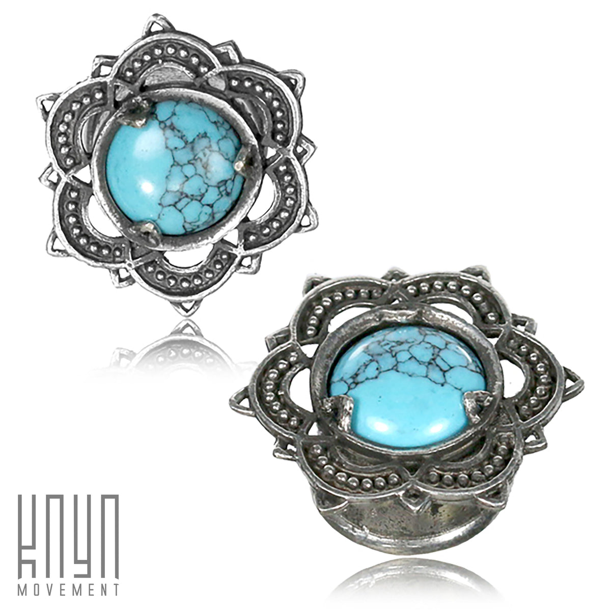 The Lotus Flower Saddle Plugs in Silver & Turquoise by Kaya Movement are beautifully crafted with turquoise stones that boast unique veining patterns. The plugs feature a floral motif adorned with delicate white brass lotus engravings, and the "Kaya Movement" logo is discreetly positioned in the bottom left corner. Available in gauges from 4mm to 25mm, these intricately designed silver earrings are a stunning accessory.