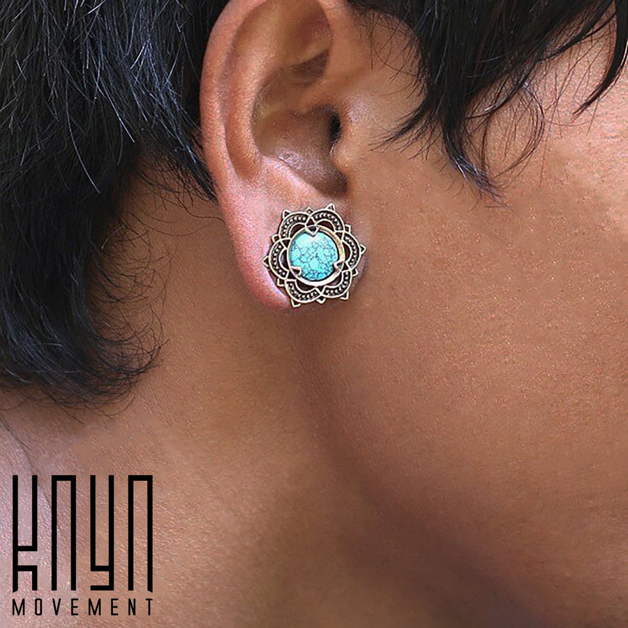 Lotus Flower Saddle Plugs in Gold & Turquoise | 4mm to 25mm gauge