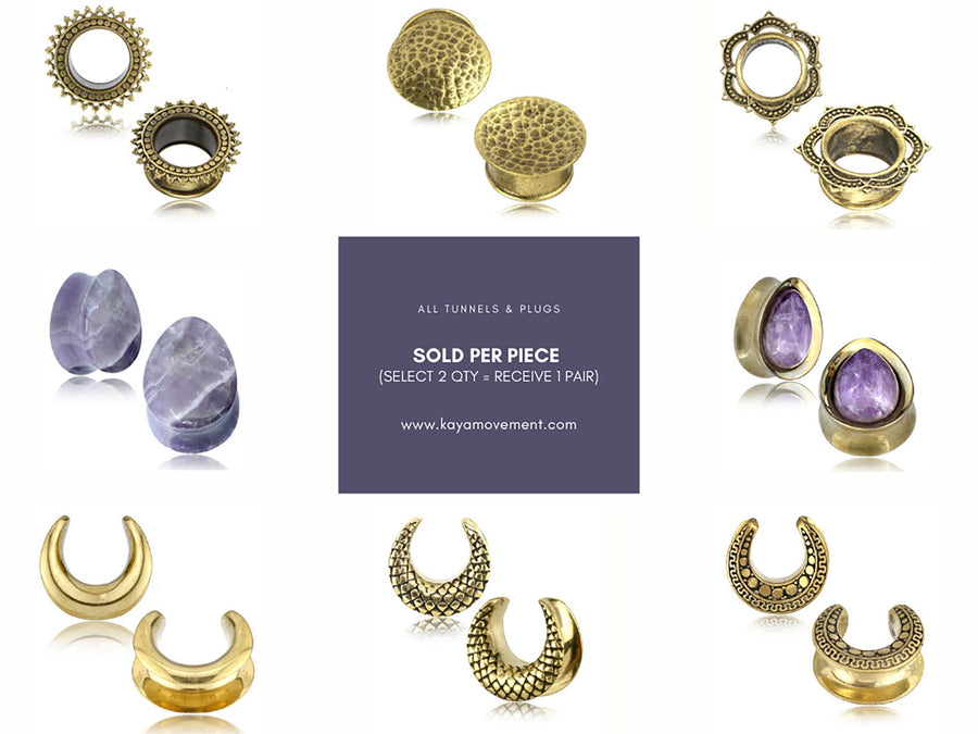 A collage of Kaya Movement teardrop tunnel plugs and ear gauges shown in pairs. The designs feature materials like brass, surgical steel, and gemstones in diverse shapes including circular, teardrop, hollow with detailing, and crescent shapes. Text in the center reads: "All Tunnels & Plugs Sold Per Piece.