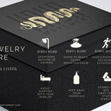 A black jewelry box adorned with an intricate gold design and the text "Kaya Movement" on the lid showcases a stunning Shipibo pendant from their Trippy jewelry collection. The image includes these jewelry care tips: Remove before showering, swimming, sauna, intense activities; avoid sleeping with jewelry; keep away from chemicals; store separately.