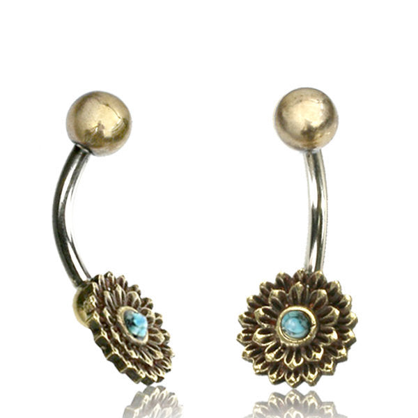 Introducing the MADA Lotus Flower Belly Piercing Ring in Gold & Turquoise by Kaya Movement, featuring gold-toned lotus flower ends with intricate petal details and a turquoise stone center. Each surgical steel barbell is completed with a smooth, gold spherical stud at the other end.