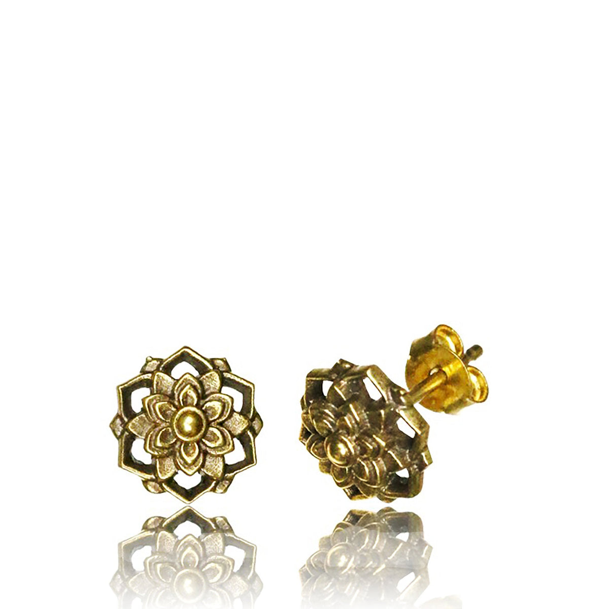 The ILLY Lotus Mandala Stud Earrings in Gold by Kaya Movement exhibit a pair of intricate, gold-colored floral designs with layered petals and geometric cut-outs. Crafted from 18g yellow brass, one earring lies flat while the other stands upright, highlighting their detailed craftsmanship against a plain white background.