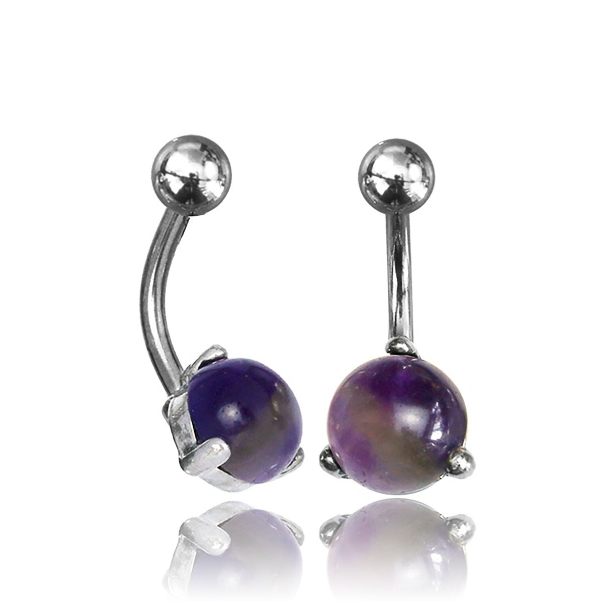 The Amethyst Belly Piercing Ring in Silver by Kaya Movement is a pair of curved 14-gauge barbell belly button rings made from 316L surgical steel, adorned with spherical natural amethyst stones at the ends. Each piece of navel jewelry showcases a shiny metallic ball at the top and a prong-set purple gemstone at the bottom, featuring a highly polished finish.