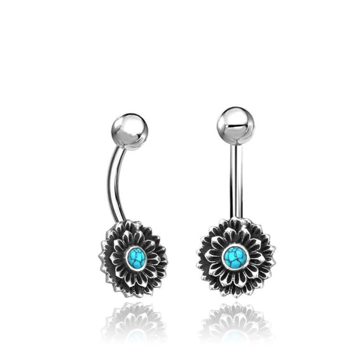 The MADA Lotus Flower Belly Piercing Rings in Silver & Turquoise by Kaya Movement are a pair of surgical steel navel rings featuring 14 gauge curved barbells with balls at one end and intricate lotus flower-shaped charms at the other. Each flower charm is adorned with a detailed petal design and a natural turquoise stone in the center, all displayed on a white background.