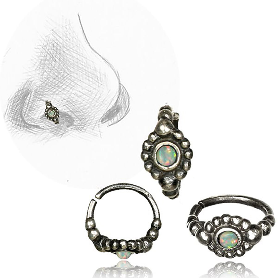 Anneau de nez fleur perlé SHA en argent et opale blanche | calibre 20