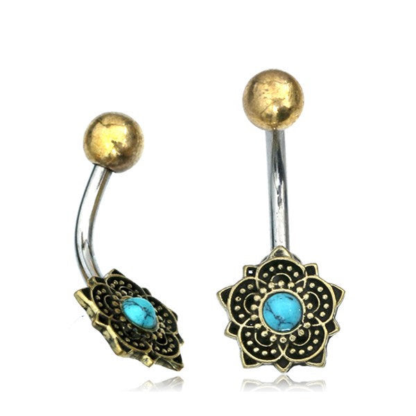 Piercing Nombril Fleur de LOTUS BLEU en laiton doré avec Turquoise | 14 ga
