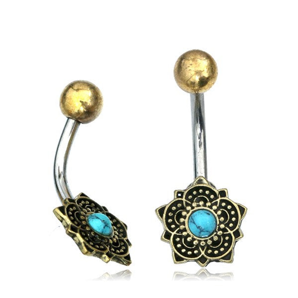 BLUE LOTUS Flower Belly Piercing Ring in Gold with Turquoise | 14 ga