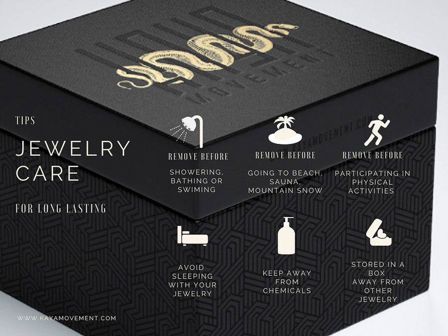 Image of a black jewelry box from the "Kaya Movement" featuring an embossed pattern and gold logo. The text on the image includes tips for jewelry care: remove before showering, sauna, swimming, and physical activities; avoid sleeping with it; keep away from chemicals; store in a box. Ideal for storing your handcrafted Teardrop Tunnel Plugs - Rose Gold Ear Gauges Piercing - 14 Gauge Earrings - Flesh Tunnels or 0 gauge ear Gold Plugs.