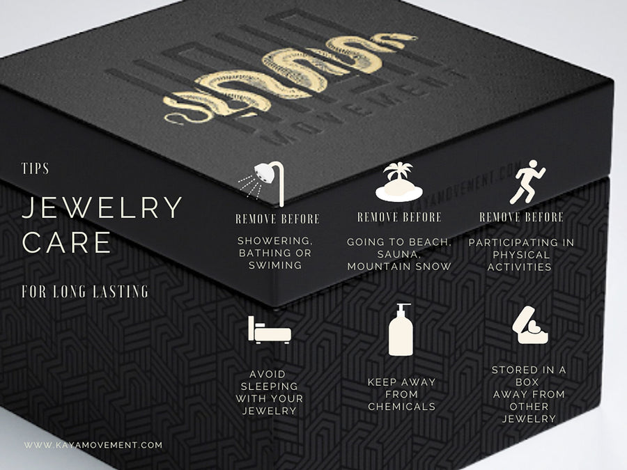 A black jewelry box featuring "Kaya Movement" on the lid along with a gold snake logo. Text reads: "Jewelry Care Tips for Long Lasting." Tips include removing your Rose gold plugs, Flesh Tunnel piercing, or Stainless steel plug before showering, sauna sessions, and physical activities; avoiding sleeping with them; keeping them away from chemicals; and storing them in the box away from other jewelry like small gauged ear pieces.