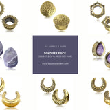 A product collage showcasing an array of tunnels and plugs for ear piercings in various styles and materials, including intricate skull jewelry. Centered text reads: "All Handmade Epoxy Double Flare Flesh Tunnels with Skull and Gothic Design, 12mm-16mm Gauged Ear Stretching Jewelry Sold Per Piece (Select 2 Qty - Receive 1 Pair), www.kayamovement.com.