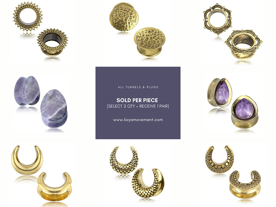 An assortment of decorative ear tunnels and plugs, including Kaya Movement's Psylia Plug with a Blue Mushroom Glass Design, is displayed on a white background surrounding a central purple square containing text. These pieces feature various designs such as gold metals and purple stones. The text reads: "Sold per piece (Select 2 qty - Receive 1 pair). www.kayamovement.com.