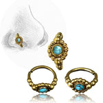 A nose is adorned with the SHA Beaded Flower Nose Ring in Gold & Turquoise by Kaya Movement, showcasing a central natural blue turquoise gemstone and intricate bead detailing. Below the illustration are three close-up views of similar gold nose rings, emphasizing the vibrant blue stone and detailed gold beadwork.
