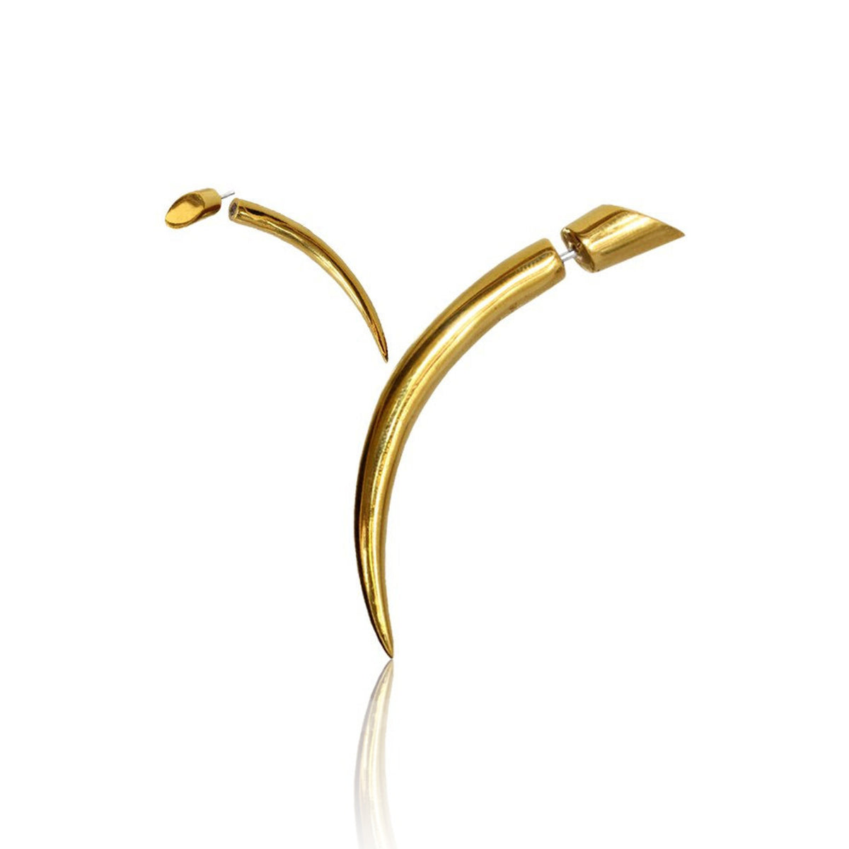 The PIKA Fake Talon Gauge Earrings in Gold with 925 Silver Post by Kaya Movement feature a tribal-inspired design. The larger earring is sleek and elongated, gently bending like an elegant yellow brass ornament, while the smaller earring boasts a shorter, more robust curve reminiscent of a faux spike piercing. Both earrings are showcased on a reflective white background.