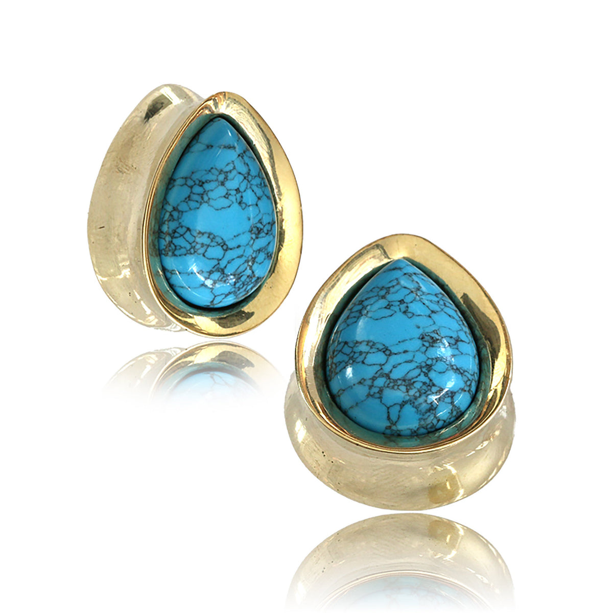 Plugs de Selle goutte Stone en laiton doré & Turquoise | Jauge de 12 mm à 25 mm