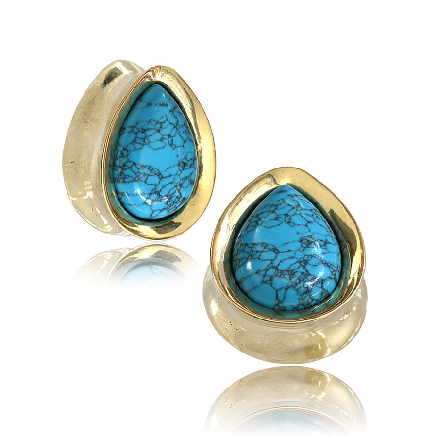 Bouchons de Selle Teardrop Stone en Or &amp; Turquoise | Jauge de 12 mm à 25 mm