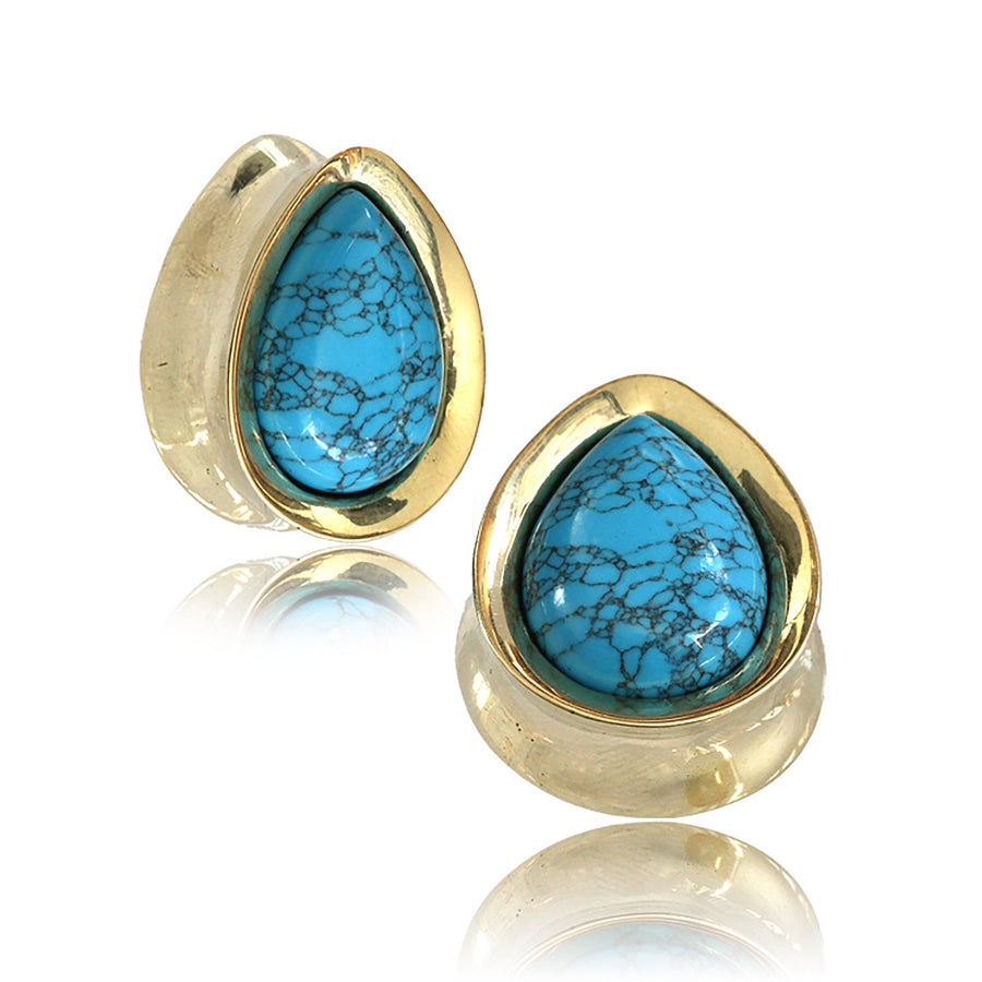 Teardrop Stone Saddle Plug in Gold & Turquoise | 12mm to 25mm gauge