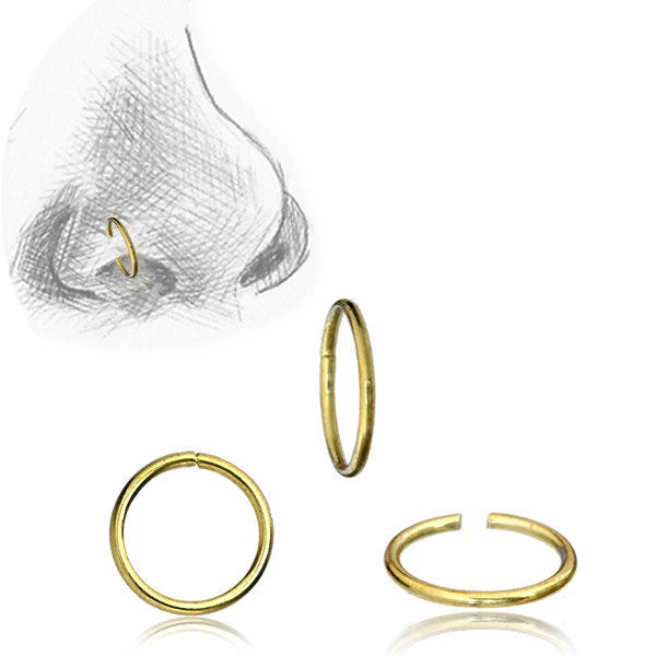 Illustration of a nose adorned with Kaya Movement's INDUS Seamless Hoop Ring in Gold, 20 gauge. Three perspectives are depicted: closed, slightly open, and fully open. The detailed sketch showcases the seamless closure of the hoop and its versatile piercing design for an elegant fit.
