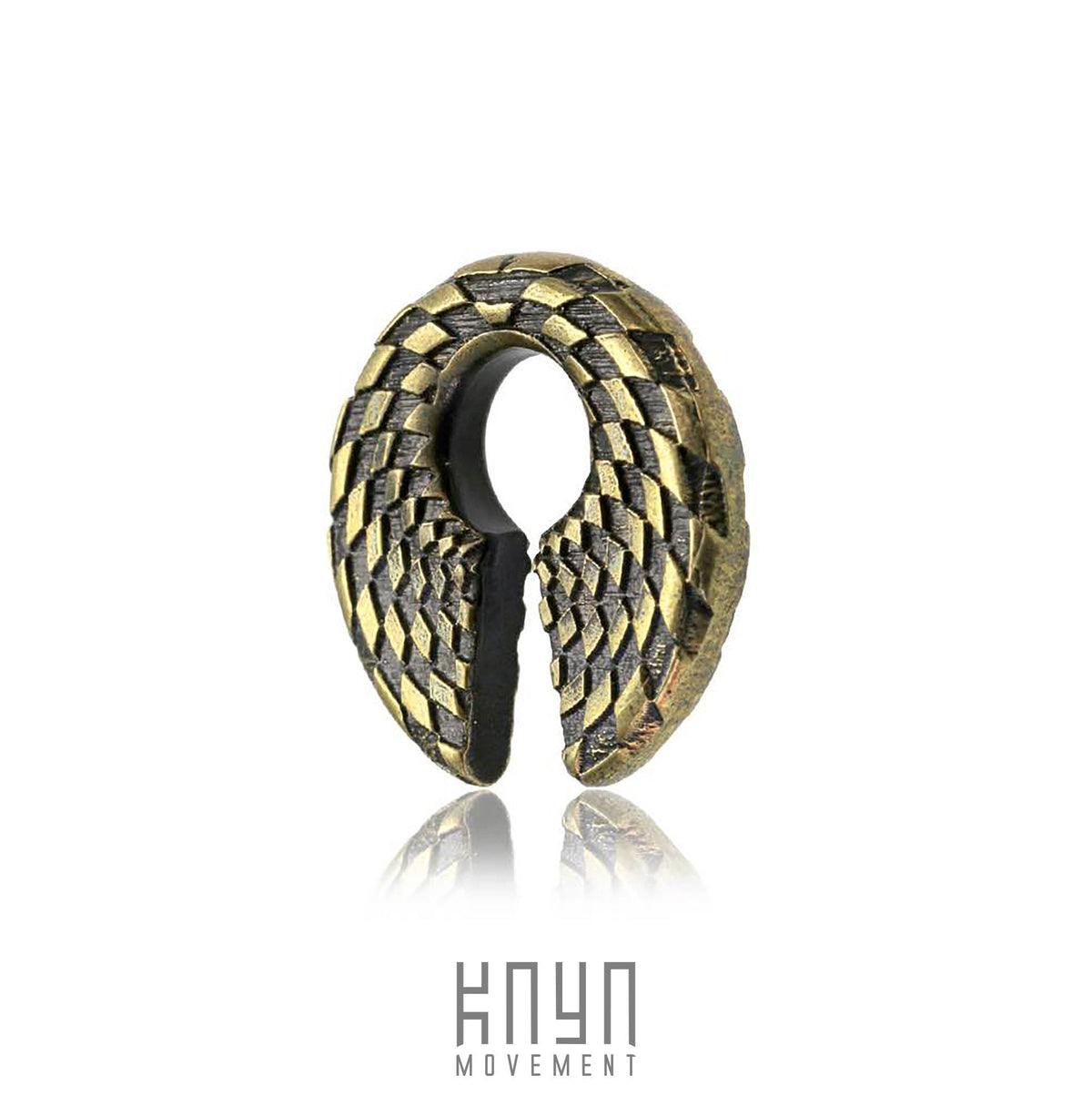 The DAMIER Checkered Hoop Keyhole Ear Weights in Gold from Kaya Movement showcase an intricate design reminiscent of bird wings. Crafted from gold brass and black, they feature a central gap that enhances their elegance against the white background. The branding "Kaya Movement" is subtly displayed below.