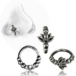 Close-up of the Kaya Movement Lotus Flower Seamless Nose Ring in Silver (20 gauge) featuring a tribal ethnic Lotus design with small beads around it. There are three different views: front, side, and angled. A pencil sketch in the background illustrates the multi-use piercing being worn on a nose.