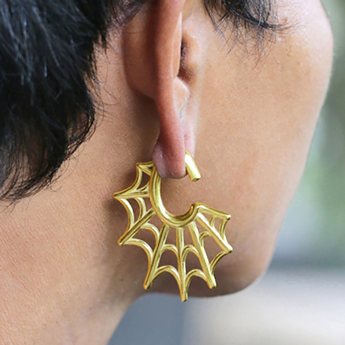 Spider Web Gothic Steel Ear Hangers in Gold | 2 gauge