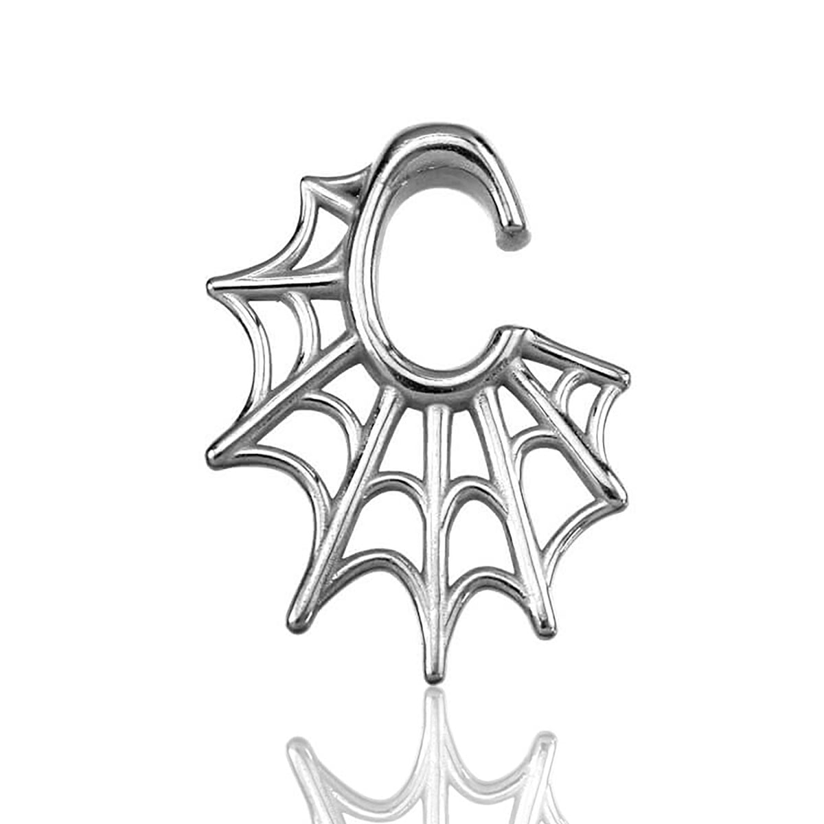 Silver pendant shaped like the letter "C" combined with a spider web design on the left side. The intricate web pattern creates a visually striking piece of jewelry, reminiscent of Kaya Movement's Spider Web Gothic Steel Ear Hangers in Silver (2 gauge). The pendant is displayed on a white background with a reflection beneath it.