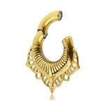 Introducing the Sacred Lotus Flower Ear Weights in Gold with Magnet Closure by Kaya Movement. This elegant single earring, designed for a 2 gauge piercing, features an intricate fan-like design with open latticework at the bottom edge. Made from durable surgical steel and gold plated PVD, it boasts a curved top section that connects seamlessly to create a unique and sophisticated piece of jewelry.